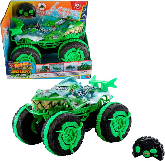 Hot Wheels Monster Trucks All-Terrain Great Bite RC | Giocattolo radiocomandato, guida su terra e acqua, impennate e giri, con pneumatici Mutant Grip, JMM76