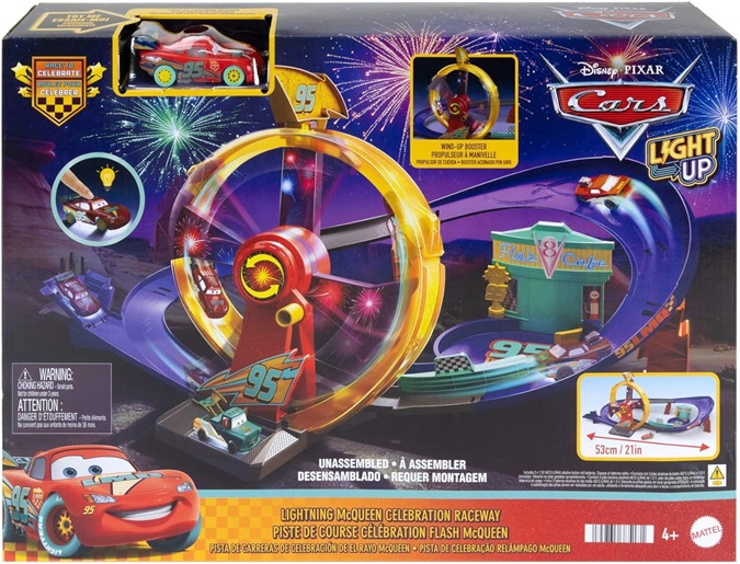 Mattel Disney e Pixar Cars Pista della Vittoria di Saetta McQueen | Pista giocattolo con Saetta McQueen luminoso, giro della morte e lanciatore a molla, JMT57