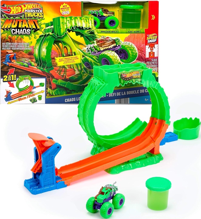 Hot Wheels Monster Trucks Mutant Chaos, Playset Chaos Loop Challenge | Set Pista con camion Wreckin’ Wolf in scala 1:64 e 113g di Slime™ riutilizzabile, 2 modi per giocare, JMK91