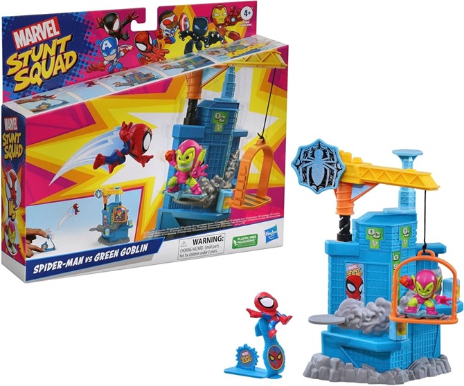 Marvel Hasbro Stunt Squad, Eroi vs. Cattivi, playset Spider-Man vs. Green Goblin, Action Figure di Supereroi in Scala da 3,5 cm