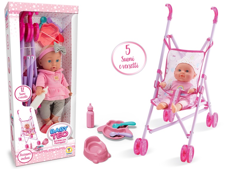 BABY TEO – SET BEBE’ CON PASSEGGINO E ACCESSORI