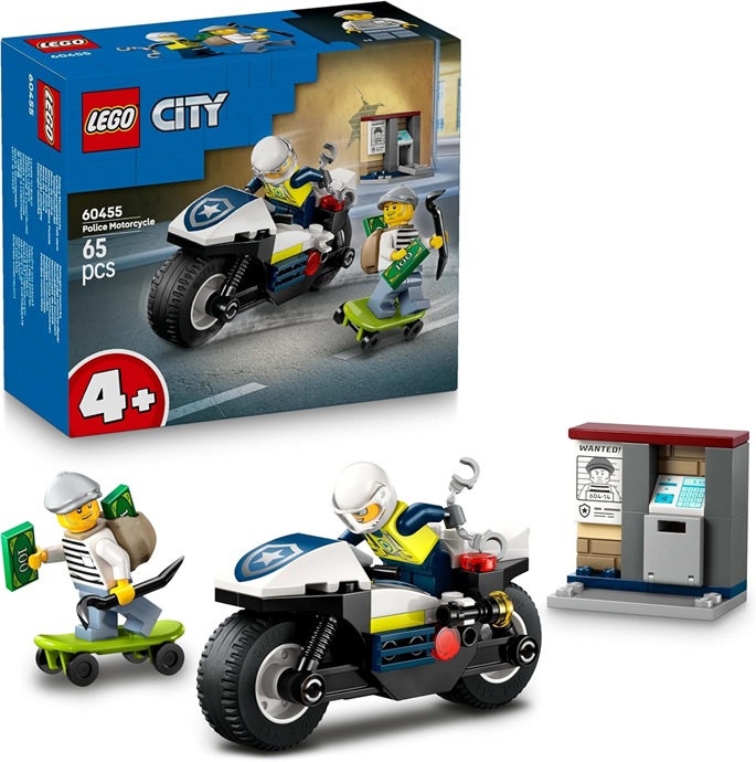 LEGO City Inseguimento della Moto della Polizia – Set con Motocicletta Giocattolo, 2 Minifigure, Mini-Bancomat e Skateboard – Regalo di Compleanno per Bambini e Bambine da 4 Anni – 60455