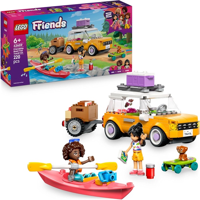 LEGO Friends Viaggio in Auto con il Cucciolo – Macchina Giocattolo con Rimorchio, 2 Mini Bamboline, Cane, Kayak e Accessori tra cui Skateboard e Pattini a Rotelle – Set per Bambine da 6 Anni – 42659