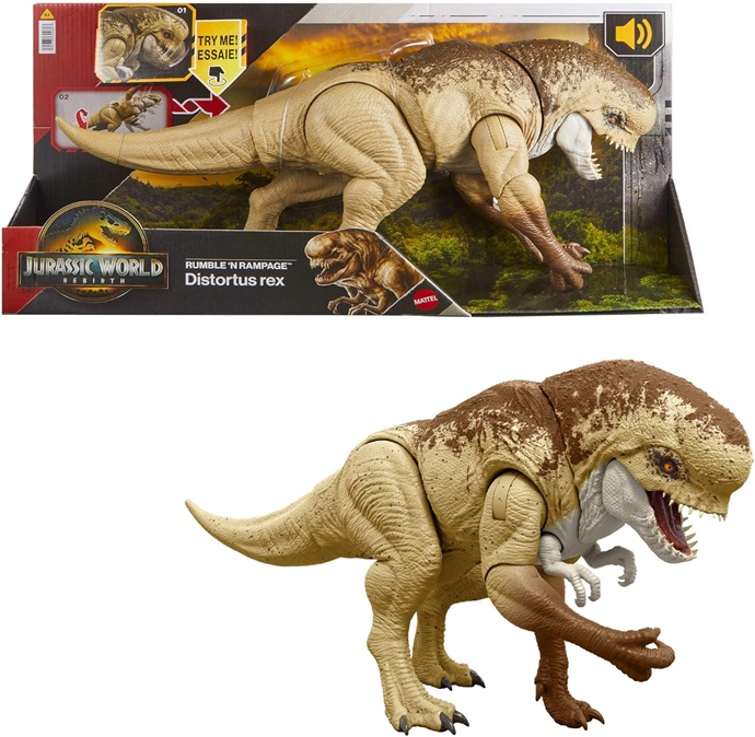 Mattel Jurassic World La Rinascita – Dinosauro Cattivo Ruggito Devastante, action figure da 55+ cm con 2 mosse d’attacco incluse, design autentico dal film, giocattolo per bambini, 4+ anni, JJP79
