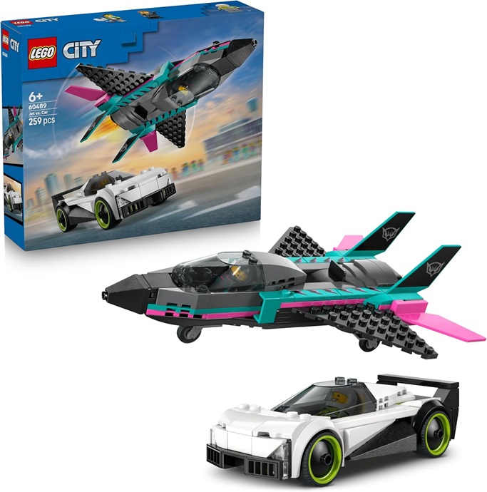 LEGO City Jet vs. Car Toy – Building Kit w/Plane, Supercar Plus Pilot & Driver Minifigures – Creative Birthday Gift Idea for 6+ Year Old Boys – 60489