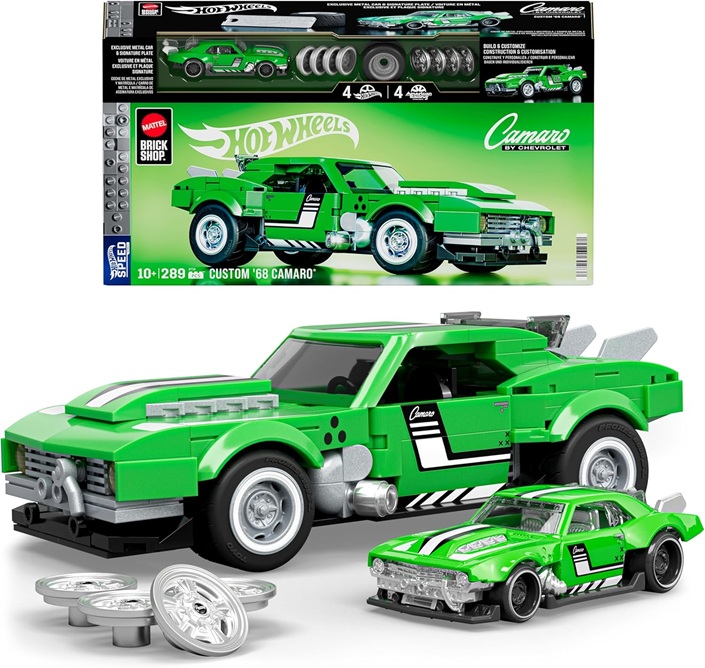 Mattel Brick Shop Hot Wheels – Custom ’68 Camaro Serie Speed, set da costruire con 289 pezzi, dettagli realistici e adesivi per personalizzare l’auto, 10+ anni, JFT16