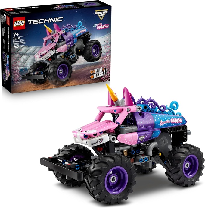 LEGO Technic Monster Jam Sparkle Smash Pull-Back Truck Toy – Pink Unicorn Themed Race Car Model Kit – Creative Birthday Gift for 7+ Year Old Boys, Girls & Fans – 42220