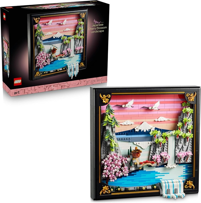 LEGO Art Japanese Cherry Blossom Landscape – DIY Miniature Model Kit for Adults – 3D Wall Art in Shadow Box Frame w/Mount Fuji, Sakura & Textured Waterfall – Gift Idea – 31218