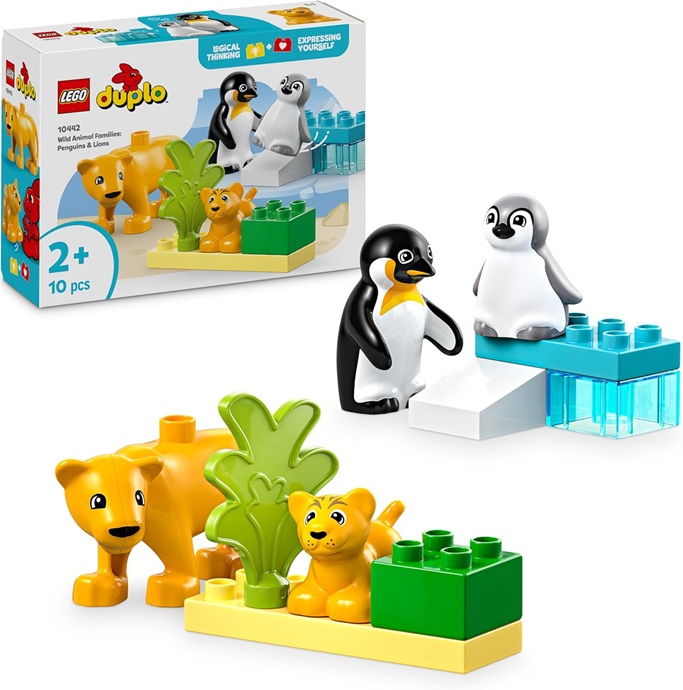 LEGO DUPLO Famiglie di Animali: Pinguini e Leoni – Giocattolo per lo Sviluppo della Motricità Fine – Gioco Didattico per Bambini e Bambine da 2 Anni con 4 Animali e Accessori – Idea Regalo – 10442
