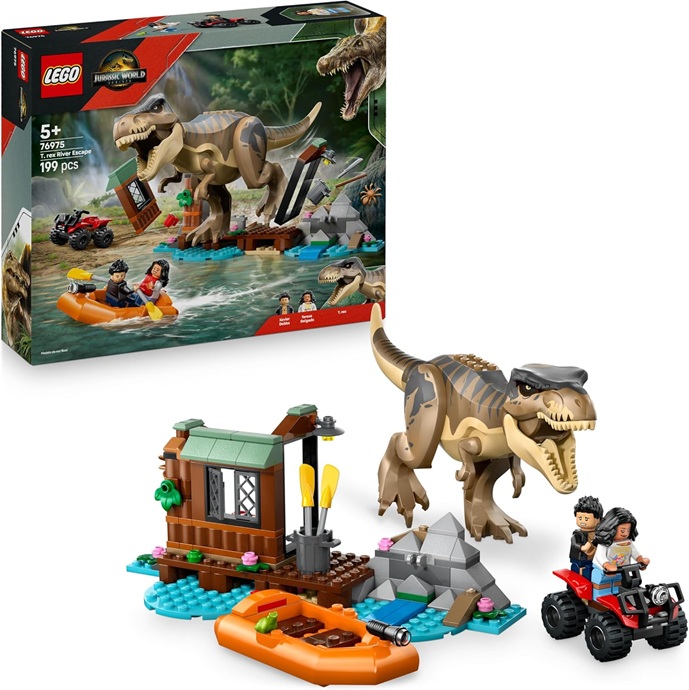LEGO Jurassic World Fuga sul Fiume dal T. Rex – Giocattolo Interattivo con Dinosauro, una Barca, un Veicolo ATV e 2 Minifigure – Regalo per Bambini e Bambine da 5 Anni in su – 76975