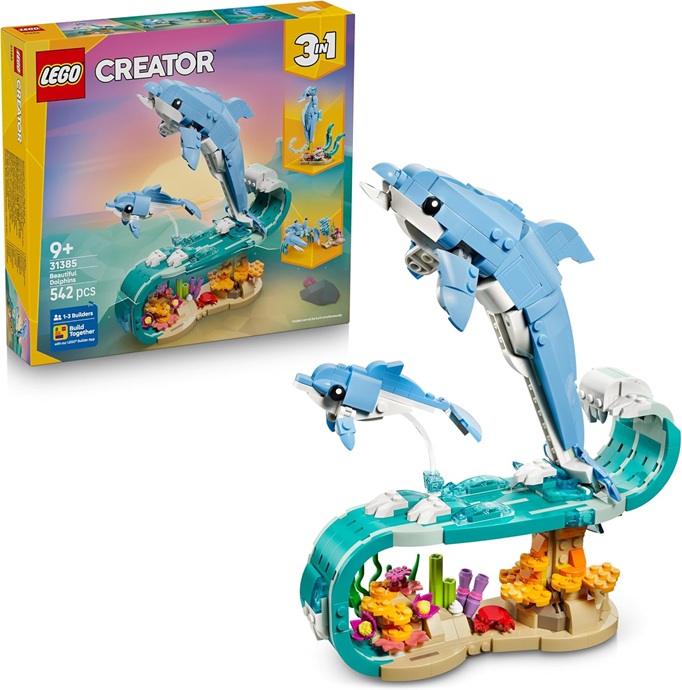LEGO Creator 3 in 1 Animali Marini: Meravigliosi Delfini Giocattolo – Si Trasforma in Cavalluccio Marino o in Granchio – Decorazione Camera da Letto – Regalo per Bambine e Bambini da 9 Anni – 31385