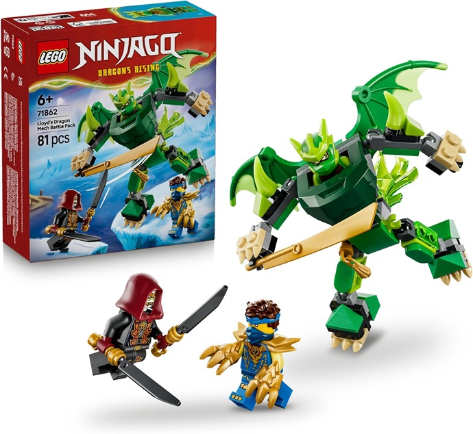 LEGO NINJAGO Battle Pack Mech Drago di Lloyd – Giocattolo Ninja con Action Figure, 3 Minifigure e Katana – Decorazione Cameretta – Regalo per Bambini da 6 Anni Fan di La Rivolta dei Draghi – 71862