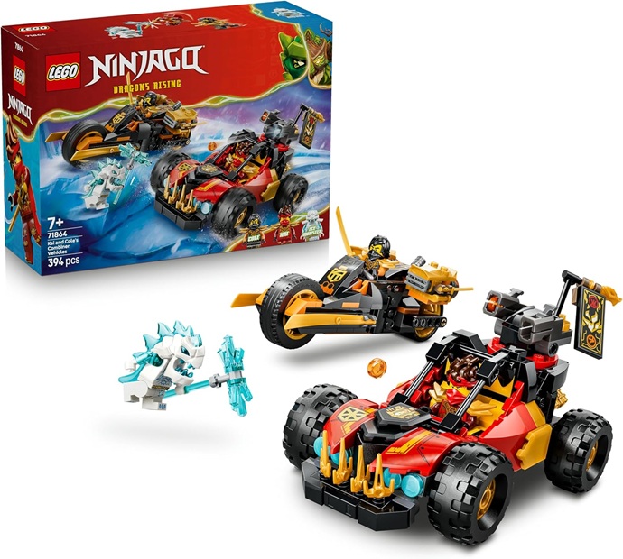 LEGO NINJAGO Veicoli Combinanti di Kai e Cole – con Macchina e Moto Giocattolo e 3 Minifigure tra cui Kai e Cole con Katana – Idea Regalo per Bambini da 7 Anni Fan di La Rivolta dei Draghi – 71864