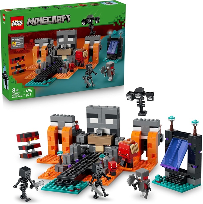 LEGO Minecraft Battaglia Contro il Wither – Giocattolo Interattivo con Guerriero Crimson, Strider, Cubo di Magma e 2 Figure di Scheletri Wither – Regalo per Gamer, Bambini e Bambine da 8 Anni – 21590