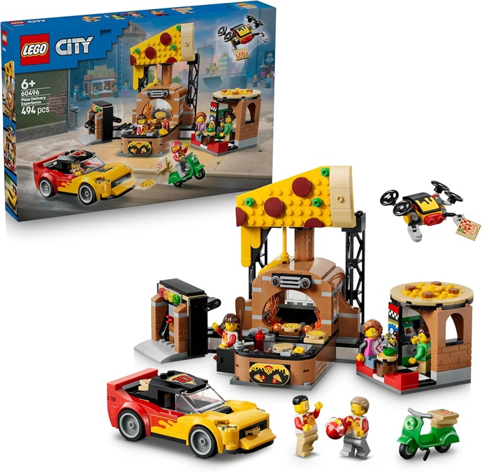 LEGO City Centro di Consegna Pizze con Veicoli – Include Macchina Giocattolo, Scooter, Drone, Cabinato Arcade e 4 Minifigure – Idea Regalo di Compleanno per Bambini da 6 Anni in su – 60496