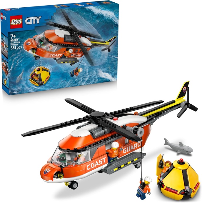 LEGO City Coast Guard Helicopter Toy – Emergency Vehicle Model Kit w/Sliding Doors, Winch, 4 Minifigures & Shark Figure – Birthday Gift for 7+ Year Old Boys – 60503