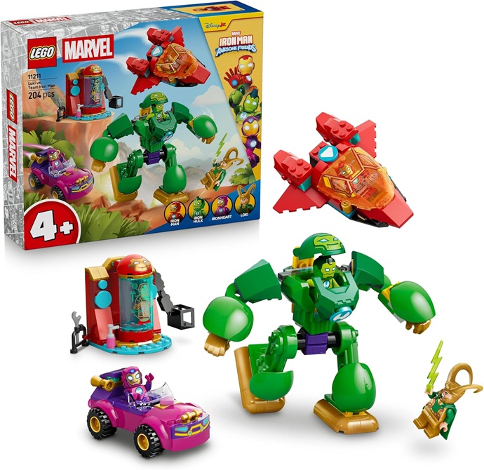 LEGO | Marvel Loki vs. Team Iron Man – Giocattolo da Supereroi con Auto, Aereo, Action Figure Mech e 4 Minifigure – Regalo Bambini da 4 Anni Fan dello Show Iron Man e i Suoi Fantastici Amici – 11211