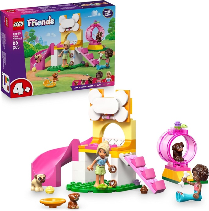 LEGO Friends Il Parco Giochi dei Cuccioli Giocattolo – con Parco con Scivolo, 2 Mini Bamboline, 3 Figure di Cani e Accessori per Animali Domestici – Regalo Creativo per Bambine da 4 Anni – 42665