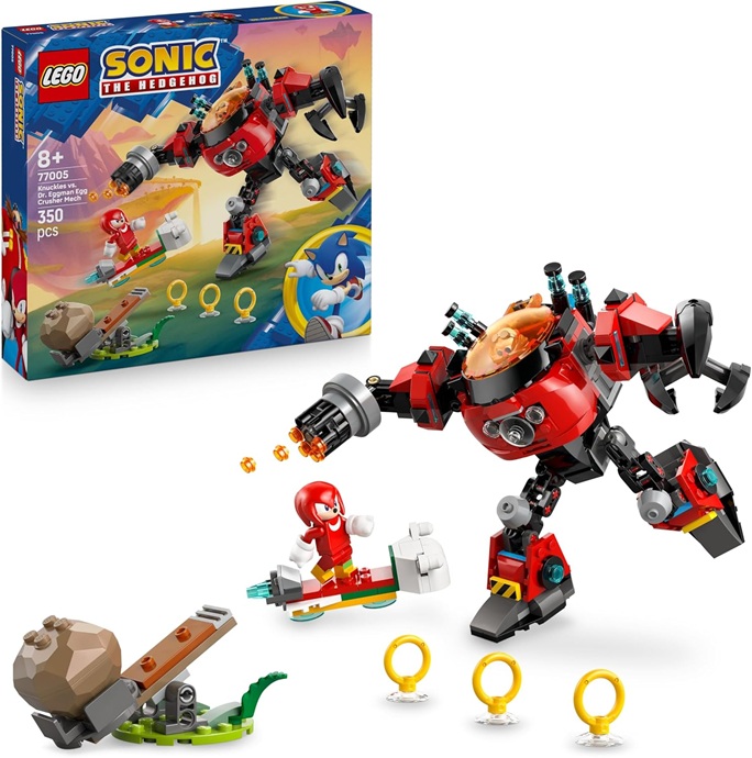 LEGO Sonic the Hedgehog Knuckles vs. Dr. Eggman Egg Crusher Mech Toy – Building Set incl. 2 Minifigures, Rings & Chaos Emeralds – Video Gaming Gift for 8+ Year Old Boys & Girls – 77005