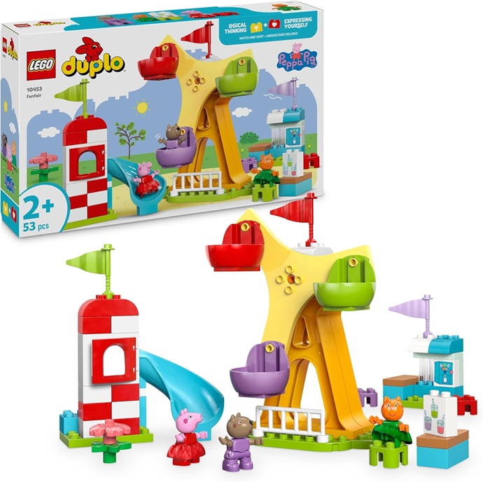 LEGO DUPLO Peppa Pig Luna Park – Gioco per la Motricità Fine per Bambini da 2 Anni – Ruota Panoramica, Scivolo, Bar e 3 Figure tra cui Candy Gatto e Danny Cane – Attività per Sviluppo Precoce – 10453