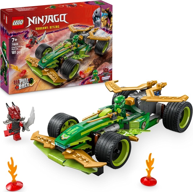 LEGO NINJAGO Racer Pull-Back di Lloyd – Modello di Auto da Corsa Giocattolo con 2 Minifigure, Armatura, Spade e Elementi Fulmine, Giochi per Bambini e Bambine da 7 Anni Fan delle Macchine Ninja 71828.