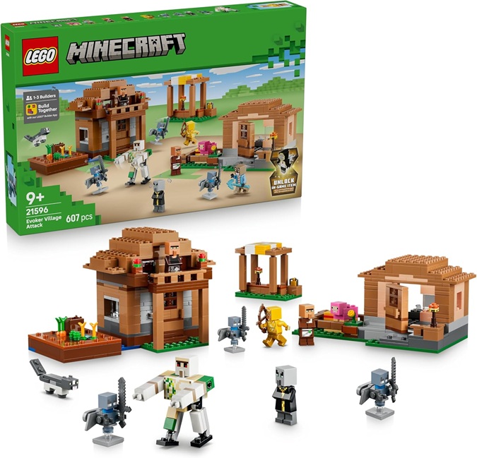 LEGO Minecraft Attacco al Villaggio dell’Evocatore – Casa Giocattolo con Giardino e 11 Personaggi tra cui Villico Muratore e Golem di Ferro