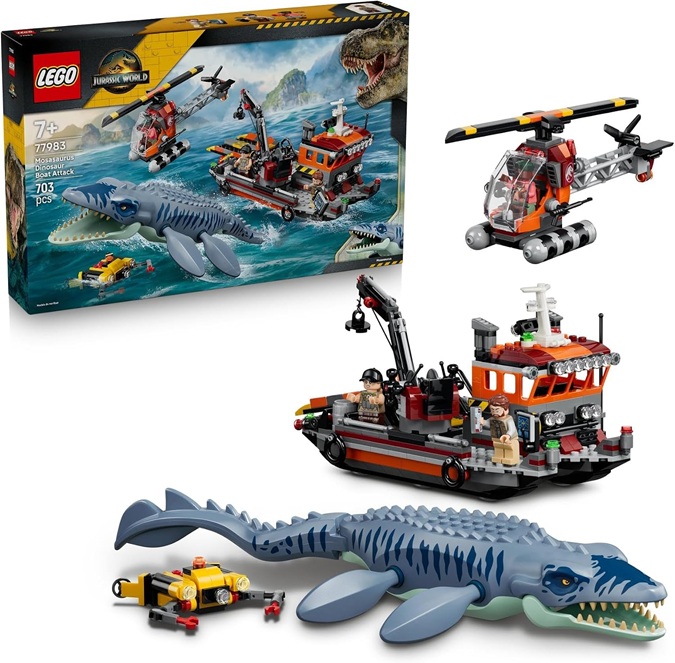 LEGO Jurassic World Attacco alla Barca del Dinosauro Mosasaurus Giocattolo – con Nave, Dinosauro, Elicottero e 3 Minifigure