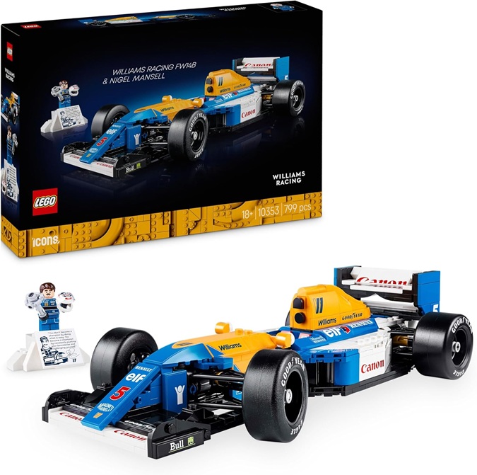 LEGO Icons Williams Racing FW14B e Nigel Mansell – Modellino di Auto F1 da Costruire con Minifigure del Pilota da Collezione, Trofeo e Supporto da Esposizione