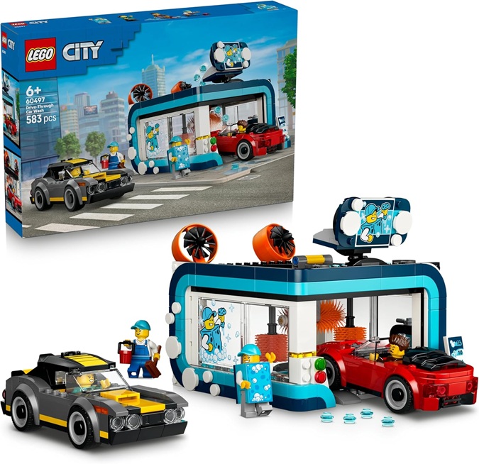 LEGO City Autolavaggio Drive-In Giocattolo – Include 2 Modellini di Auto, Funzione di Lavaggio e 4 Minifigure con Accessori