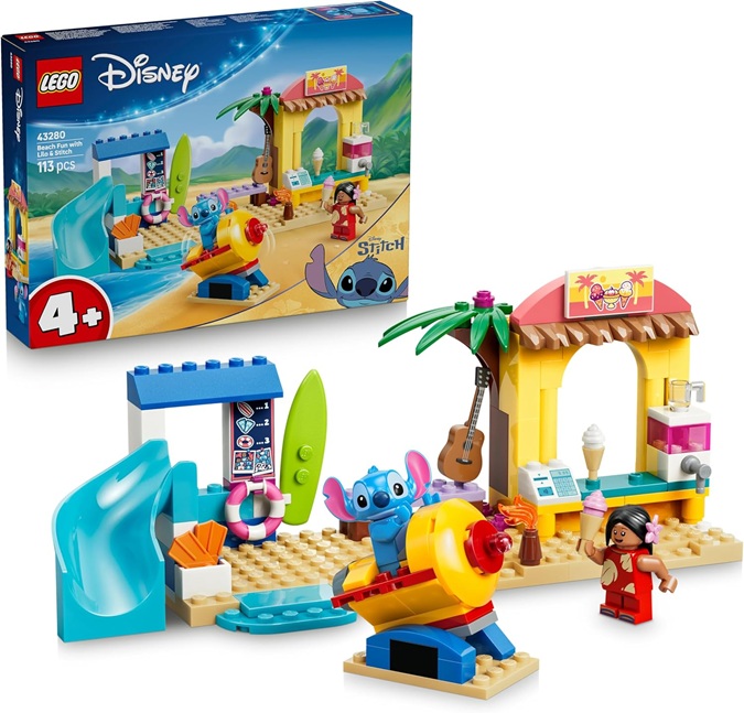 LEGO | Disney Divertimento in Spiaggia con Lilo e Stitch – Giochi Didattici con 2 Negozi, Giostra a Forma di Astronave e 2 Minifigure – Set Montessori – Regalo per Bambine e Bambini da 4 Anni – 43280