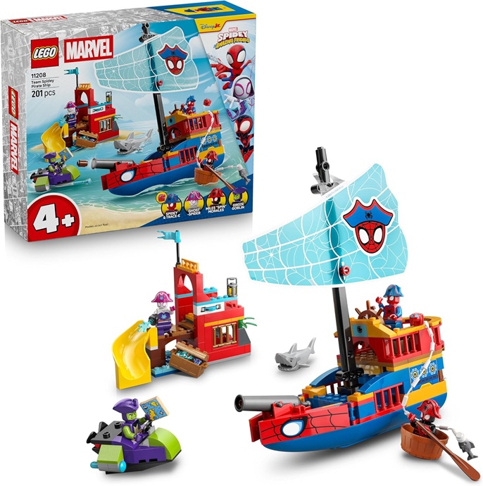 LEGO | Marvel Nave Pirata del Team Spidey – Set dei Supereroi con Nave Giocattolo, 2 Barche e 4 Minifigure – Regalo per Bambini da 4 Anni Fan dello Show Spidey e i Suoi Fantastici Amici – 11208