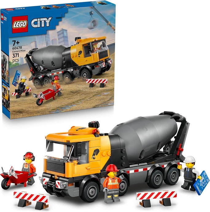 LEGO City Cement Mixer Truck Toy – Educational Construction Site Vehicle Model w/ 3 Minifigures, Rotating Drum & Pouring Function – Birthday Gift Idea for 7+ Year Old Boys – 60478