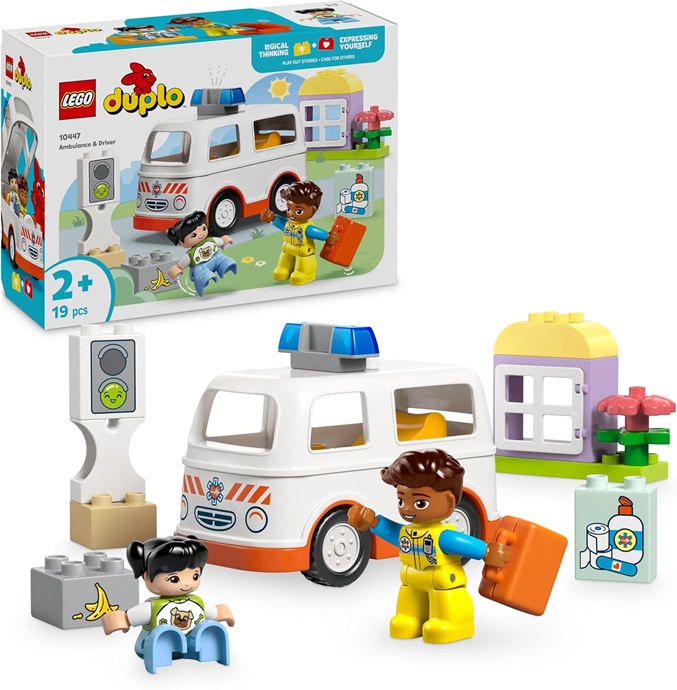 LEGO DUPLO Ambulanza e Autista – Gioco Didattico per Bambini e Bambine da 2 Anni in su – Include una Macchina Giocattolo, una Piccola Casa, 2 Figure e Mattoncini di Primo Soccorso – 10447