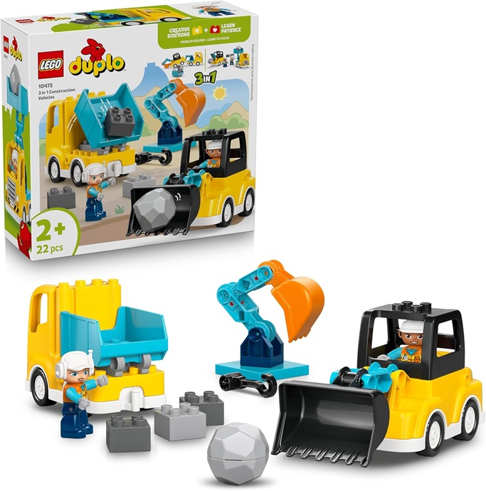 LEGO DUPLO Veicoli da Cantiere 3 in 1 – Gioco Didattico Montessori con Camion, Escavatore e Gru Giocattolo – Idea Regalo di Compleanno per Bambini e Bambine da 2 Anni in Su – 10475