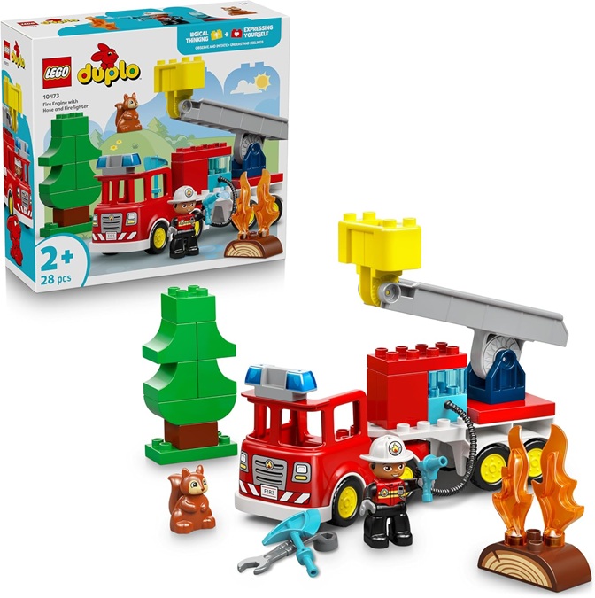 LEGO DUPLO Autopompa con Manichetta e Pompiere – Gioco Didattico per la Motricità Fine – Camion Giocattolo Rosso con Scala, Personaggio e Scoiattolo – Regalo per Bambini e Bambine da 2 Anni – 1047