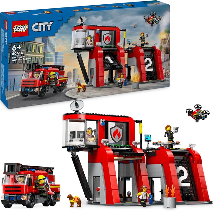 LEGO City Caserma dei Pompieri e Autopompa, Stazione con Camion Giocattolo d’Emergenza, 6 Minifigure, Cane e Accessori, Gioco d’Azione dei Vigili del Fuoco per Bambini e Bambine da 6 Anni in su 60414