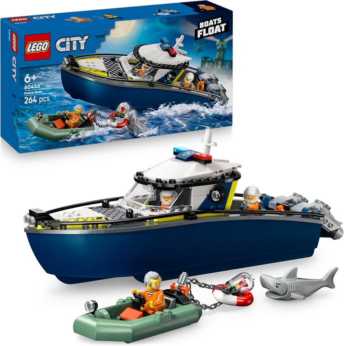 LEGO City Inseguimento del Motoscafo della Polizia – Include 2 Barche Giocattolo, 3 Minifigure e una Figura di Squalo – Regalo per Bambini e Bambine da 6 Anni in su – 60456