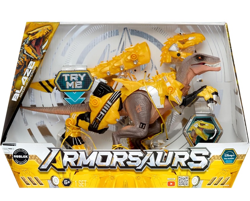 Armor-Up: Dinosauro Raptor Giallo Blaze – Action figure, 7 pezzi di armatura rimovibili con azione “morso” attivata dalla coda, adatto a bambini dai 6 anni in su