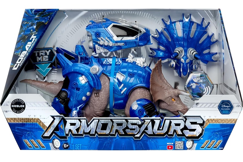 Armor-Up Triceratops dinosauro Cobalt – Action figure, 7 pezzi di armatura rimovibili con azione “morso” attivata dalla coda, adatto a bambini dai 6 anni in su