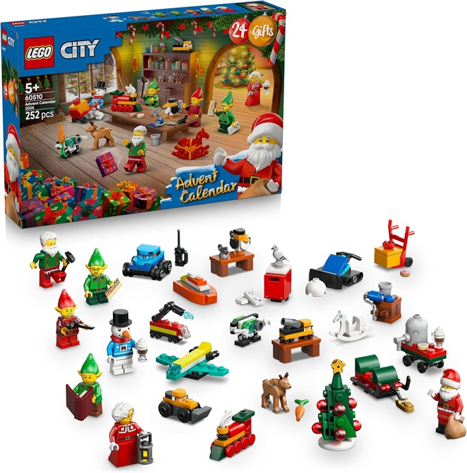 LEGO City Calendario dell’Avvento 2026 – Giochi per Bambini e Bambine 5+ per il Countdown di Natale – 24 Sorprese tra cui Auto, Camion, Aereo, 7 Minifigure, e Tappetino da Gioco – Idea Regalo – 60510