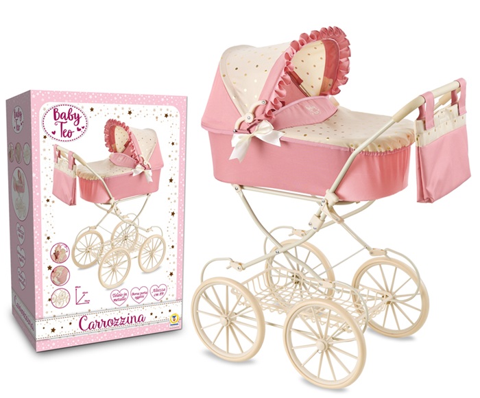 Baby Teo – Carrozzina in metallo modello Inglesina, ruote grandi e gommate Eva col Rosa e Panna dimensioni 70 x 42 x 89