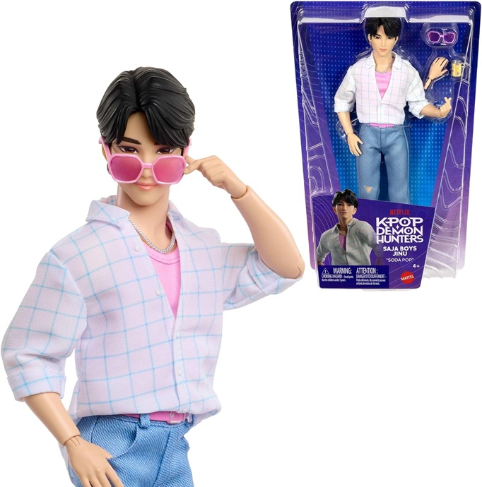 Mattel KPop Demon Hunters – Jinu dei Saja Boys, bambola con outfit da performance per la canzone “Soda Pop”, accessori occhiali da sole rosa e lattina di soda inclusi, JRN38