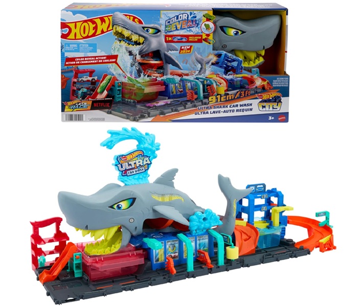 Hot Wheels ‘Let’s Race’ Netflix – Mega Squalo Autolavaggio, pista con rullo di schiuma e cancelli mobili, funzione cambia colore e macchinina Color Reveal inclusa, 3+ anni, HTN82