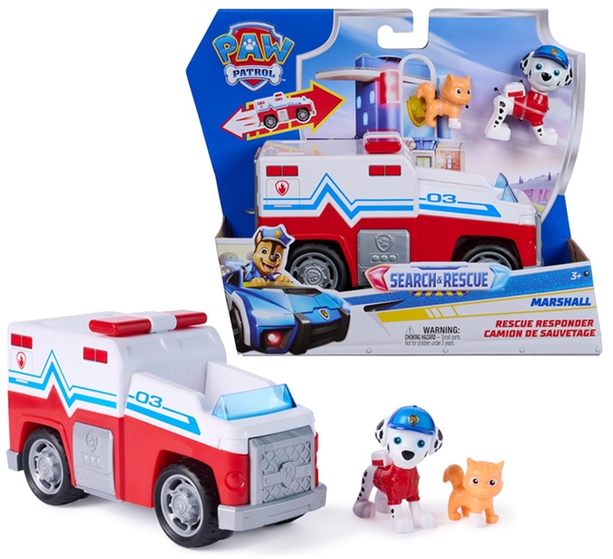 Paw Patrol: Search & Rescue, Camion di Salvataggio di Marshall con 2 Personaggi, Camion Giocattolo a Retrocarica  3+ Anni