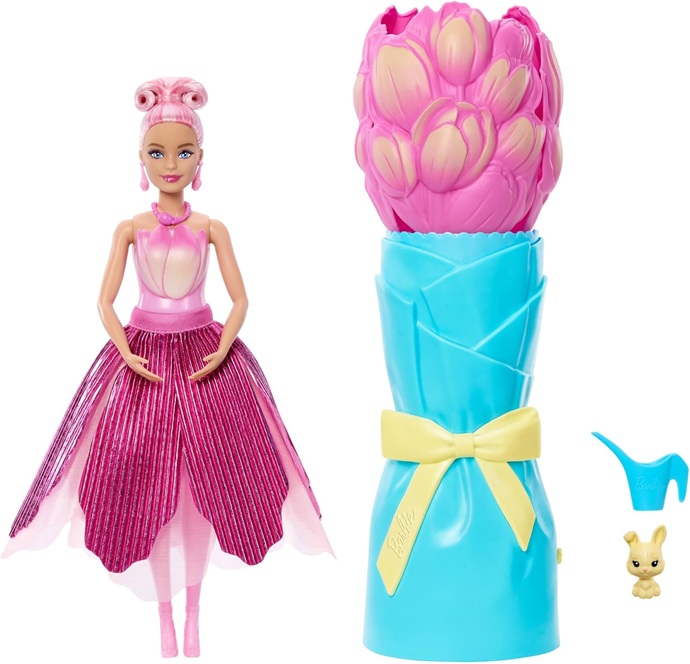 Barbie Petal Pop, bambola profumata con abito tulipano rosa e accessori, sorpresa bouquet JMF57