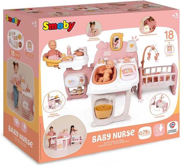 Smoby – Baby Nurse – Casetta grande per neonati – Per neonati fino a 42 cm – 3 aree gioco – 19 accessori – Pieghevole e trasportabile –