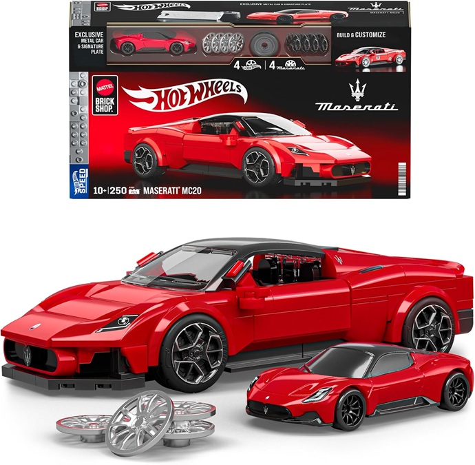 Mattel Brick Shop Hot Wheels – Maserati MC20 Serie Speed, set da costruire con 250 pezzi, dettagli realistici e adesivi per personalizzare l’auto, 10+ anni, JFR90