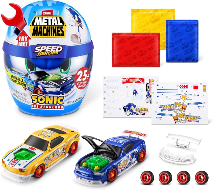 Metal Machines Sonic The Hedgehog Speed Heroes di ZURU, Più di 25 sorprese all’interno, costruisci e lancia la tua auto da corsa (Sonic the Hedgehog)