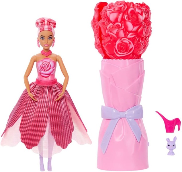 Barbie Petal Pop, bambola profumata con abito tulipano rosa e accessori, sorpresa bouquet JMF59