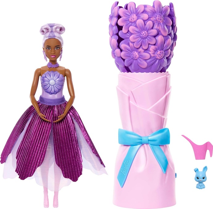 Barbie Petal Pop, bambola profumata con abito tulipano rosa e accessori, sorpresa bouquet JMF58